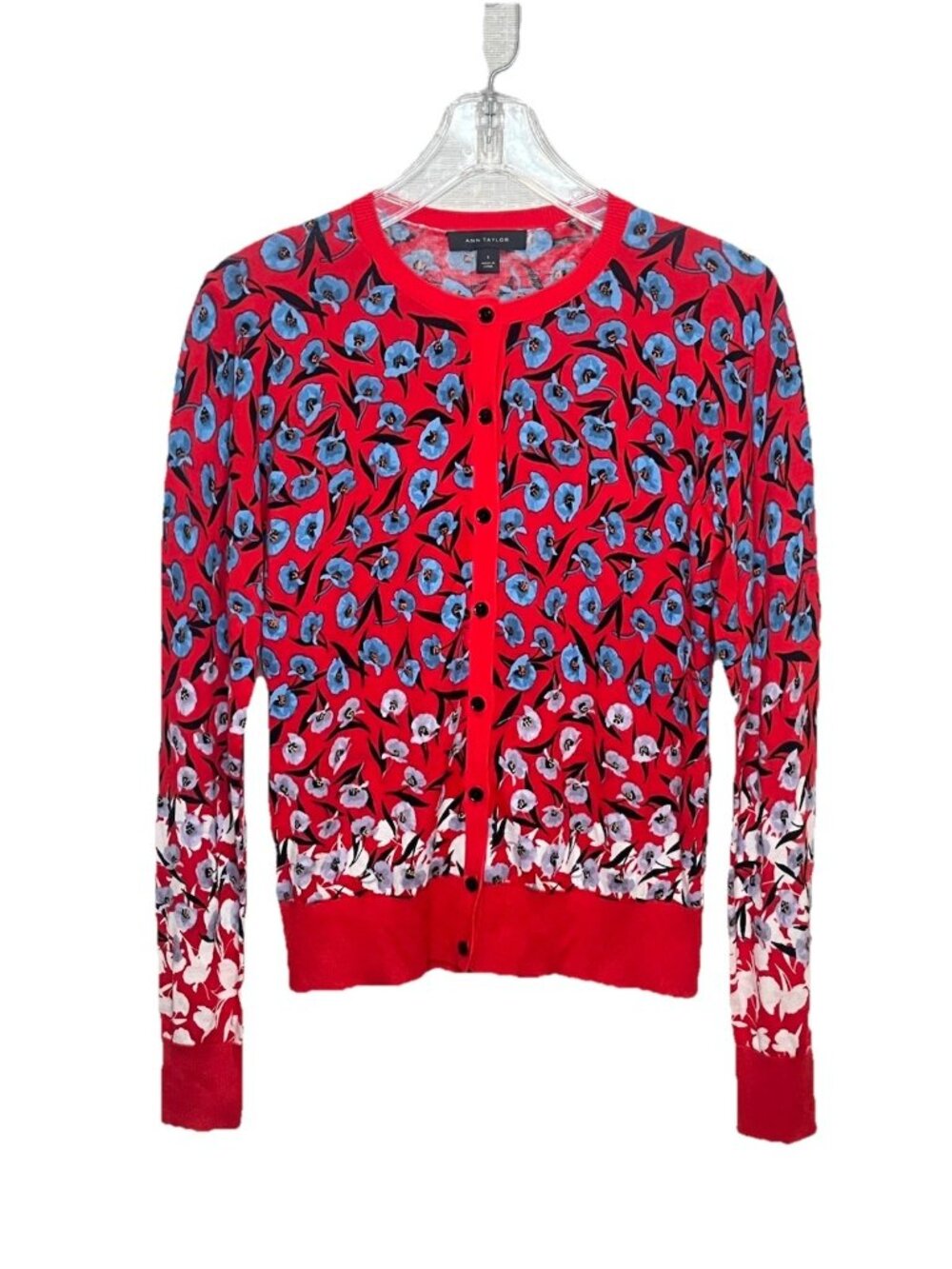 Ann Taylor Floral Cardigan Sweater Small Red Blue 100% Cotton Button Cottagecore
